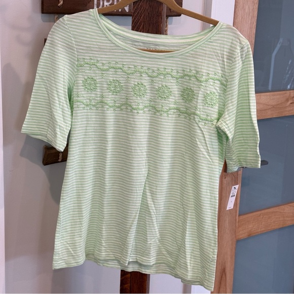 Talbots Cotton Cap Short Sleeve Green Striped Embroidered Slub Tee Shirt Small - Picture 2 of 11